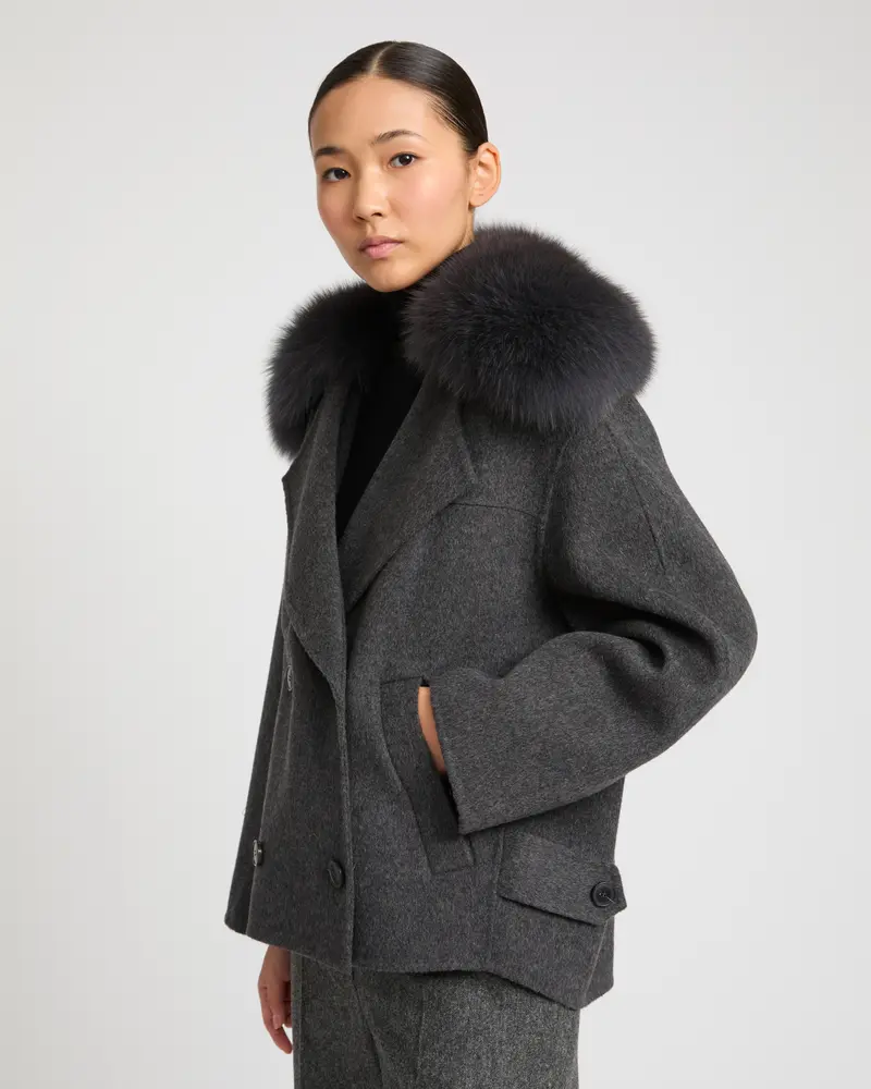 Cashmere-blend pea jacket with removable fox fur collar