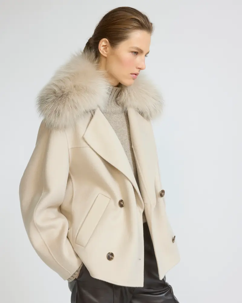 Cashmere-blend pea jacket with removable fox fur collar