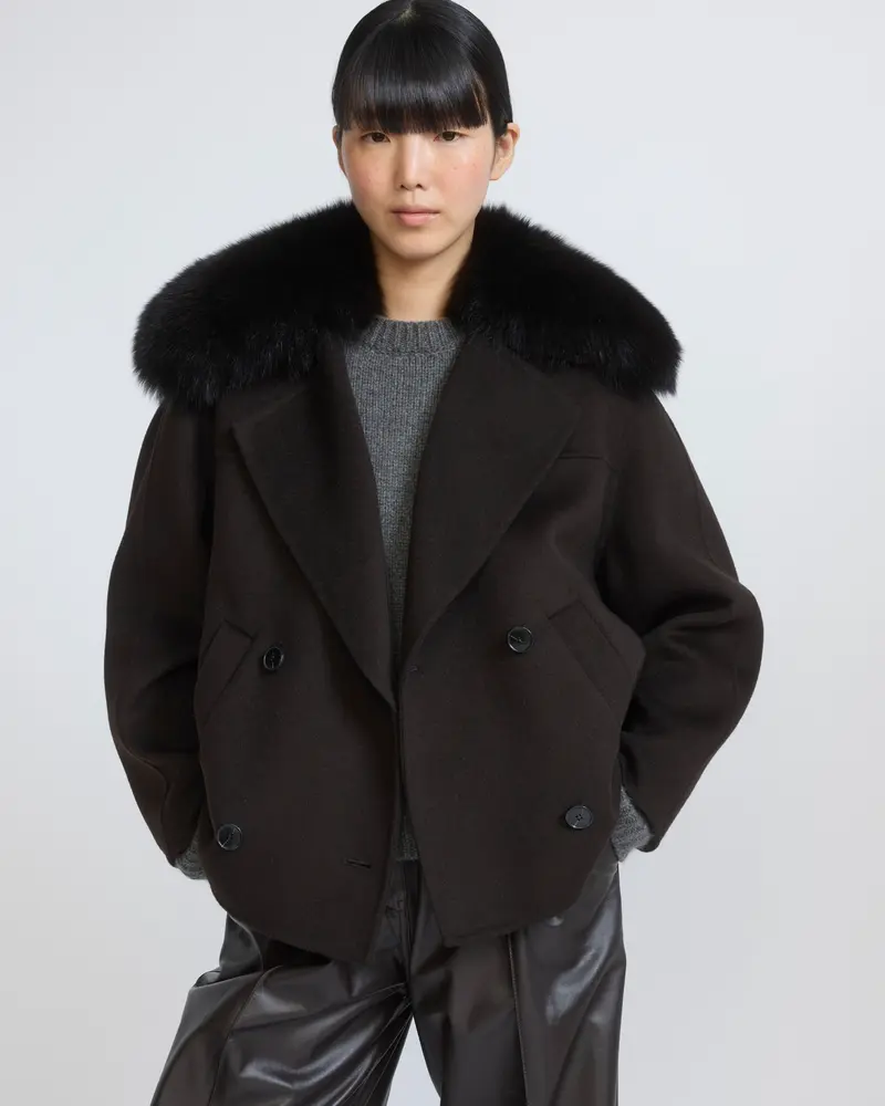 Cashmere-blend pea jacket with removable fox fur collar