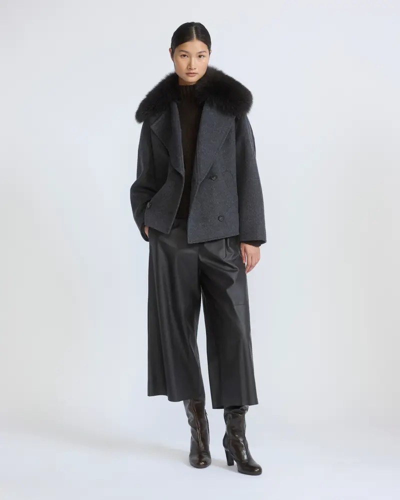 Cashmere-blend pea jacket with removable fox fur collar