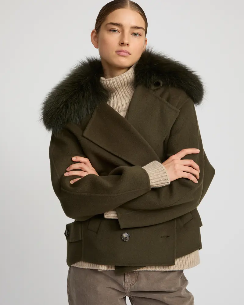 Cashmere-blend pea jacket with removable fox fur collar