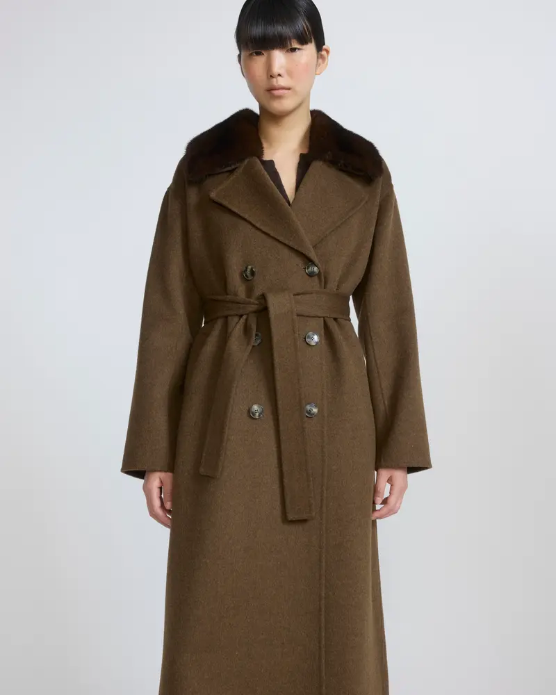 Cashmere wool belted coat with mink fur collar