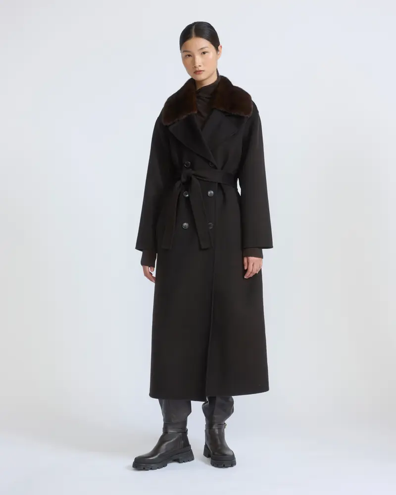 Cashmere wool belted coat with mink fur collar