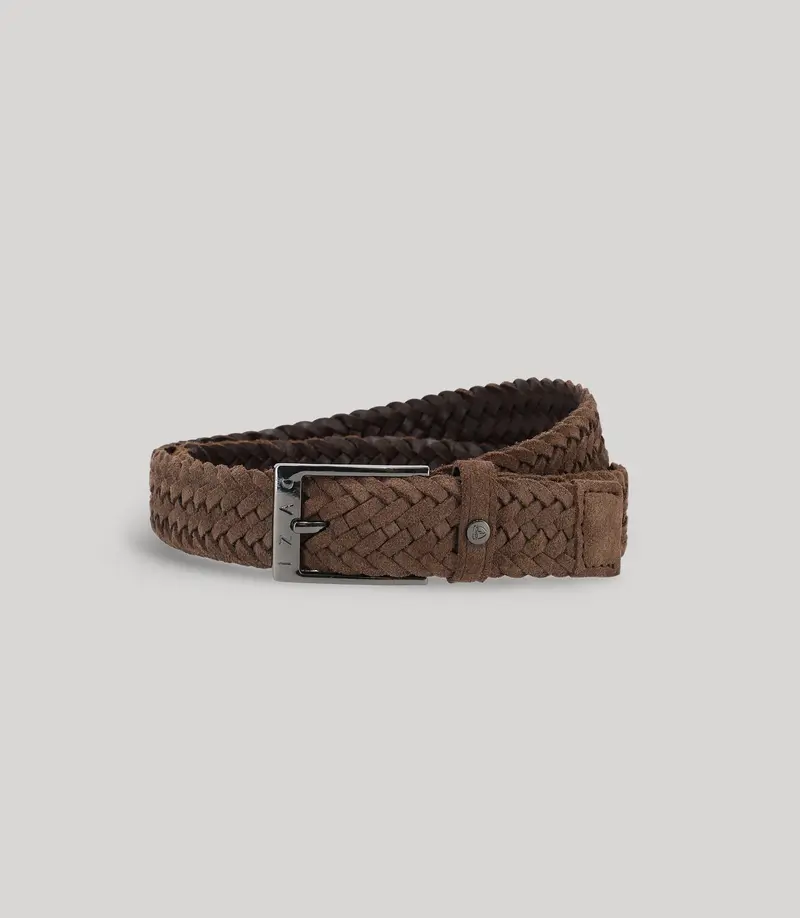Ceinture tressée en cuir nubuck marron