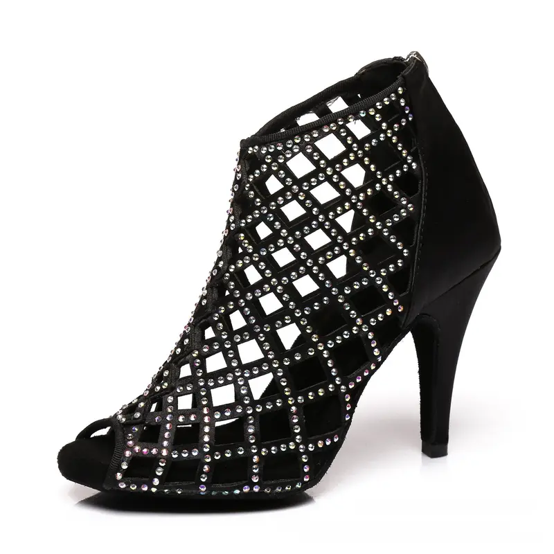 Chaussures de Danse Latine Femme – Satin Noir Brillant, Talon Haut & Respirantes