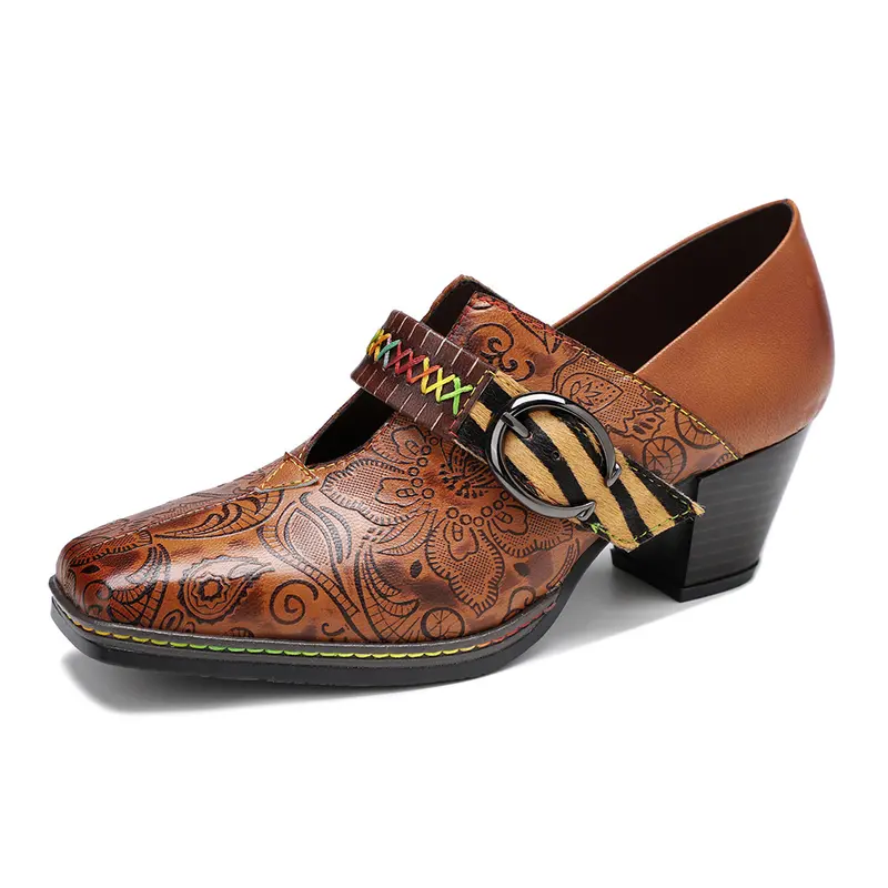 Chaussures femme en cuir à talon épais – Bout carré