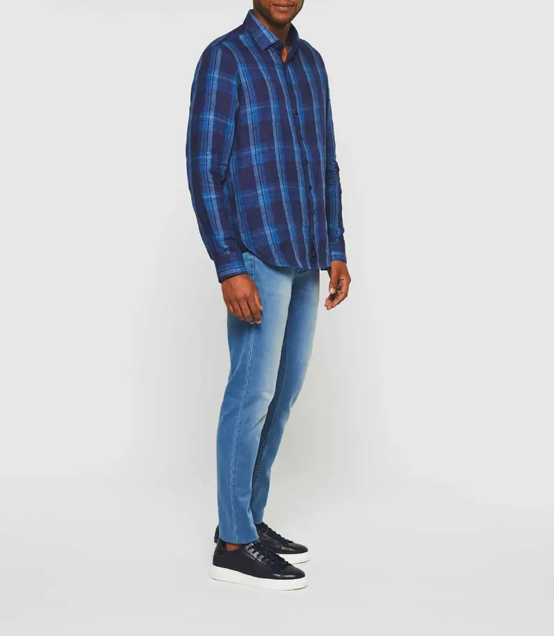 Chemise à carreaux en lin manches longues bleue "Kyron"