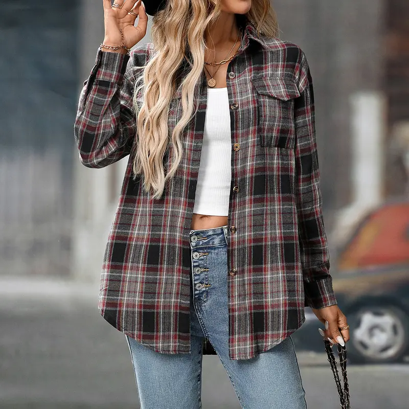 Chemise À Carreaux Femme Oversize avec Poches – Style Casual Européen Américain Automne Hiver