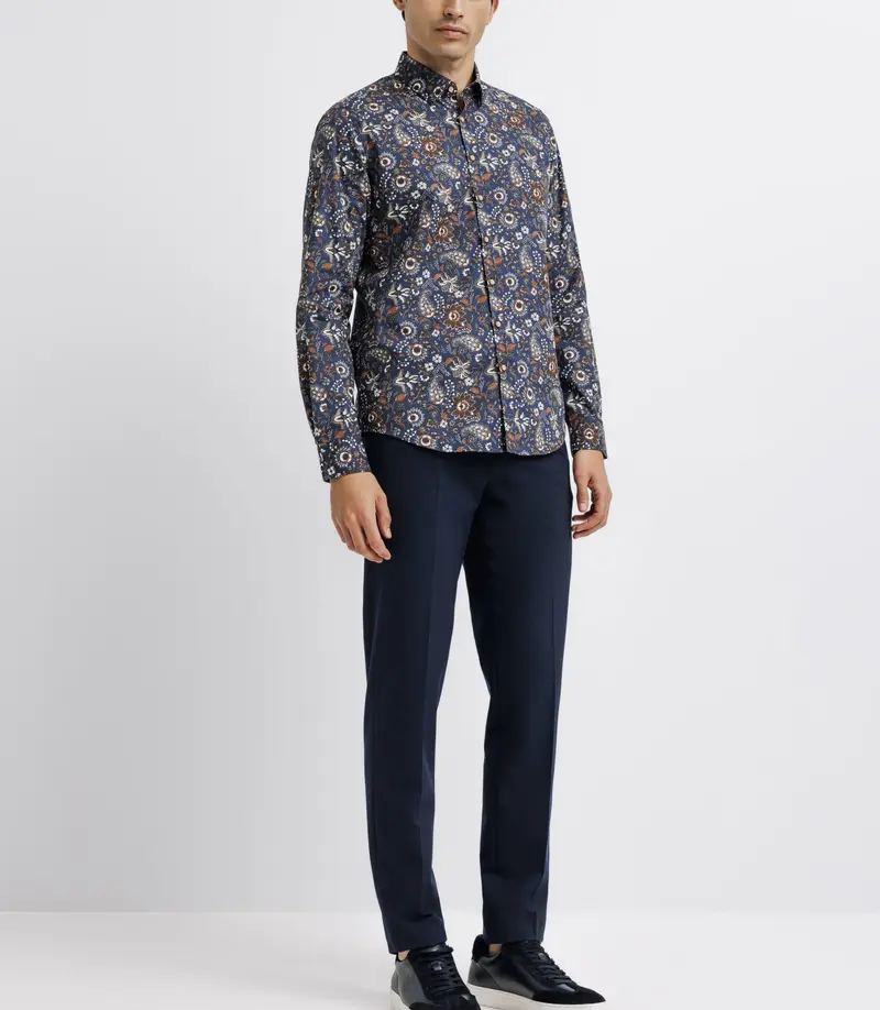 Chemise à imprimé fleurs marine et camel