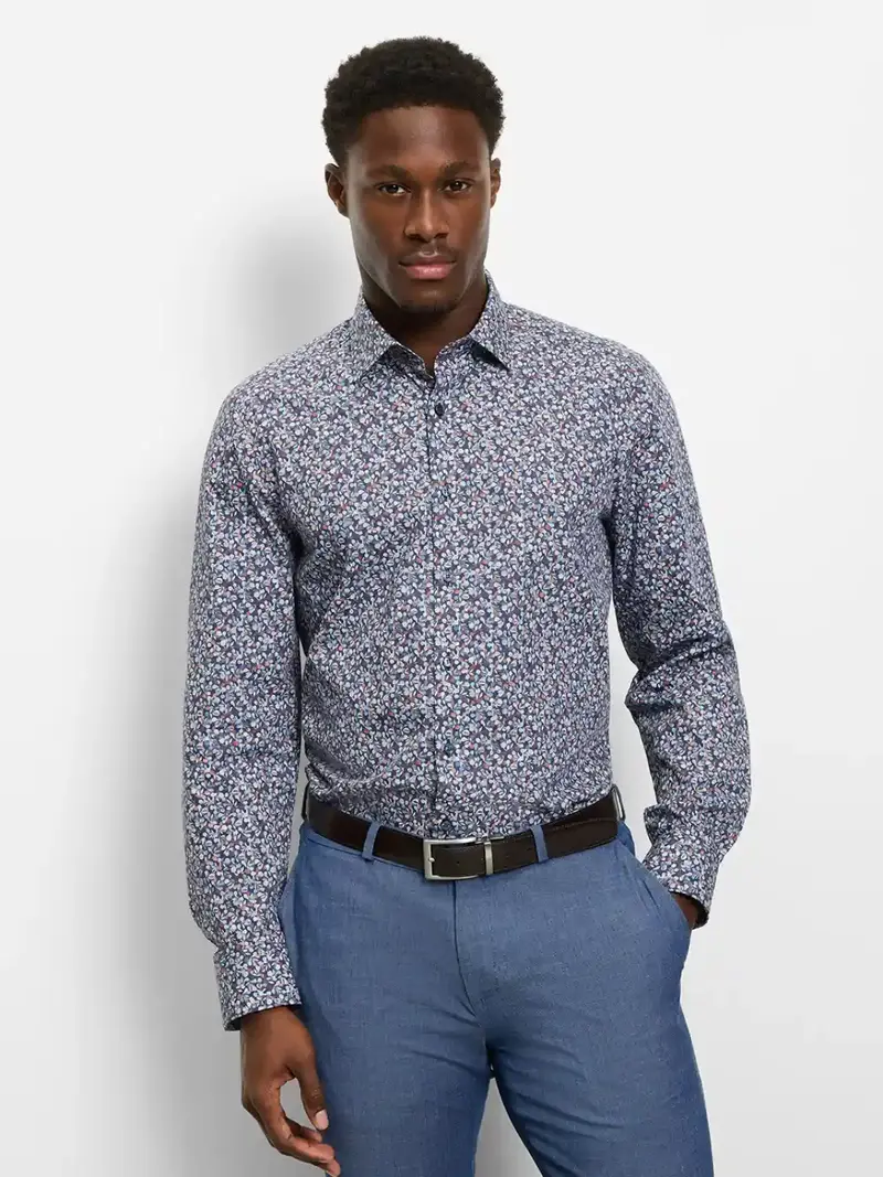 Chemise à motifs OLYMP ajustée marine en coton