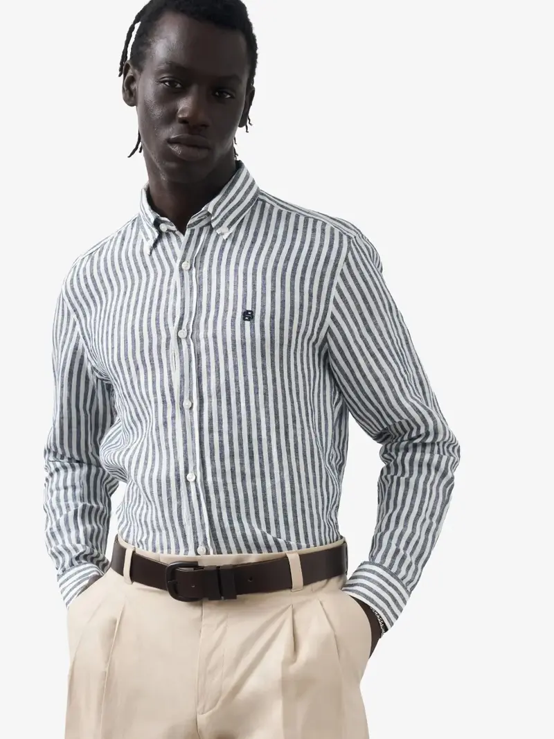 Chemise à rayures BOSS marine en lin