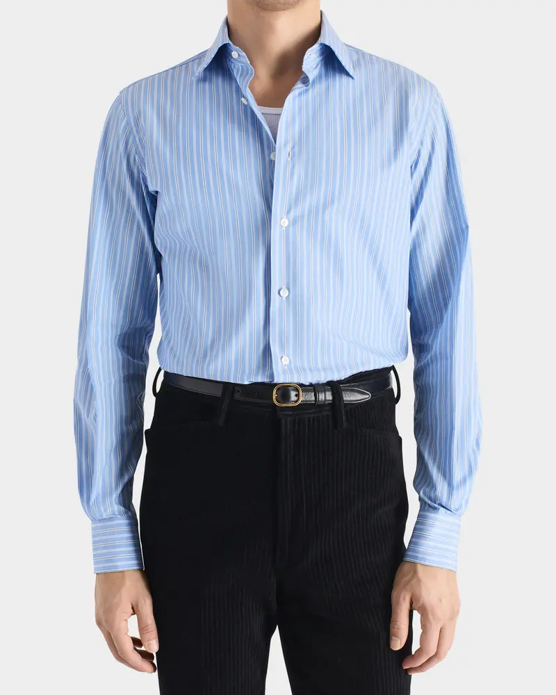 CHEMISE COL CLASSIQUE EN POPELINE DE COTON SUPIMA - BLEUE À RAYURES