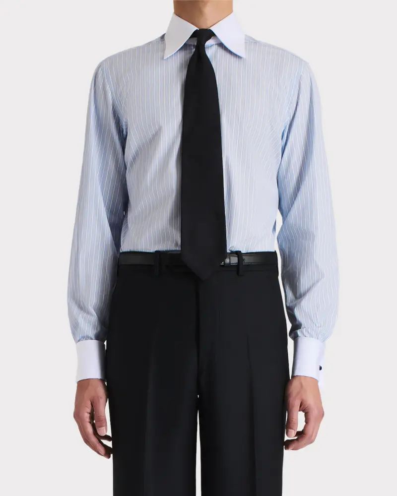 CHEMISE COL LARGE EN POPELINE DE COTON - BLEU CLAIR À RAYURES