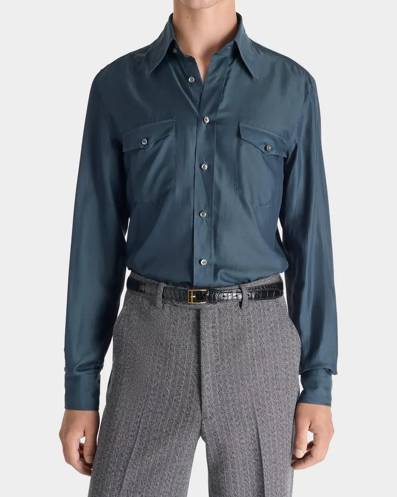 CHEMISE COL LARGE EN SERGÉ DE COTON ET SOIE - INDIGO