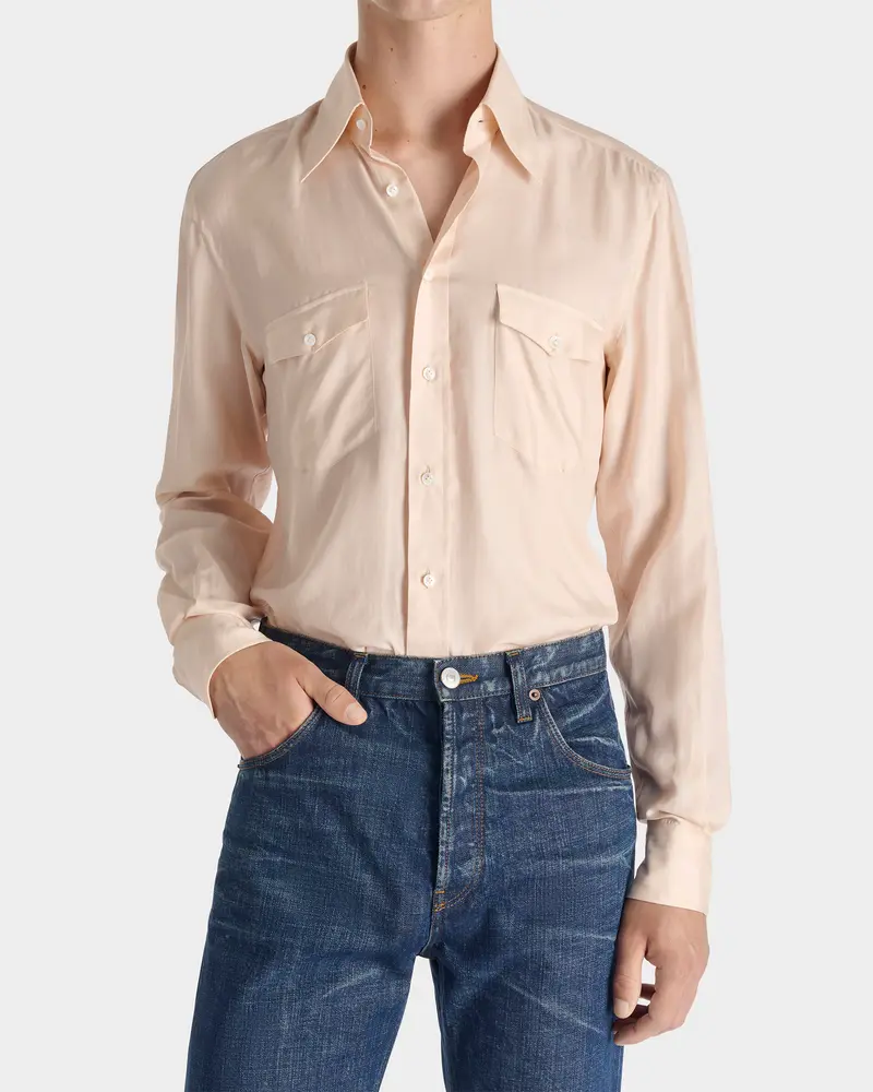 CHEMISE COL LARGE EN SERGÉ DE COTON ET SOIE - PÊCHE