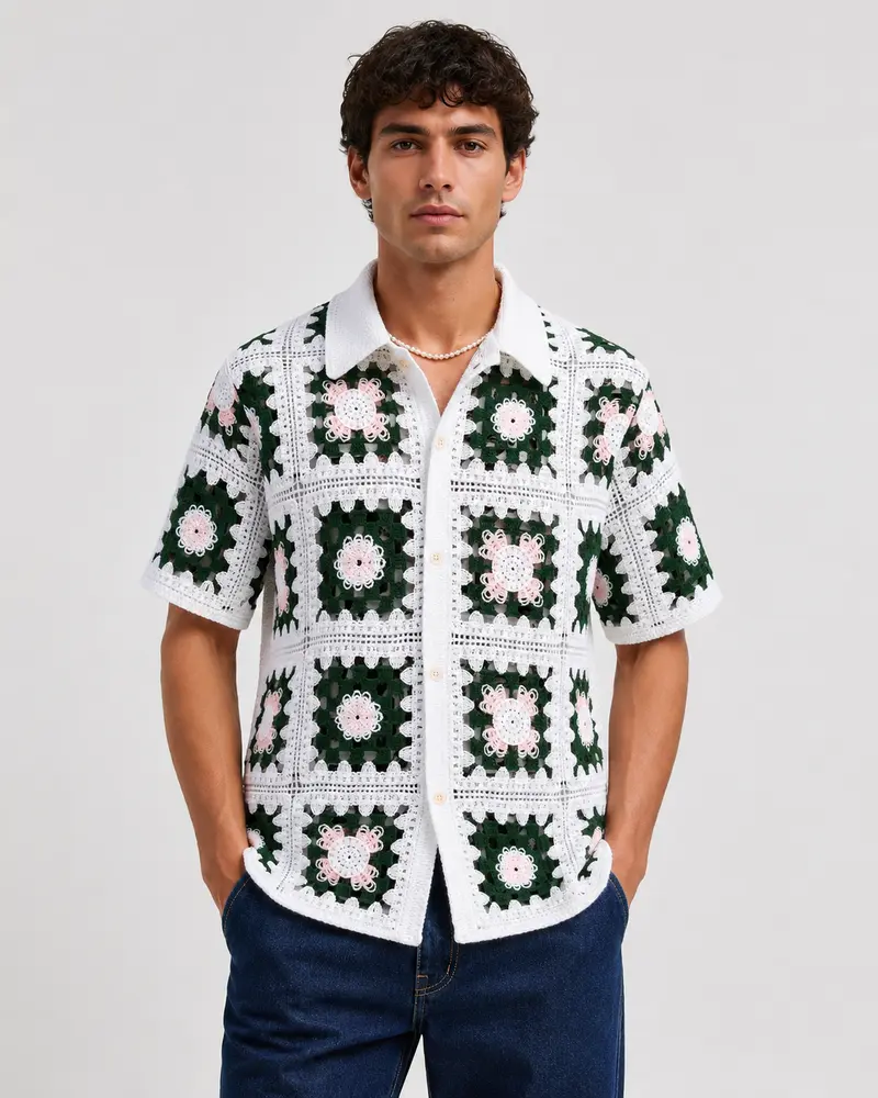 Chemise crochet carreaux verts homme
