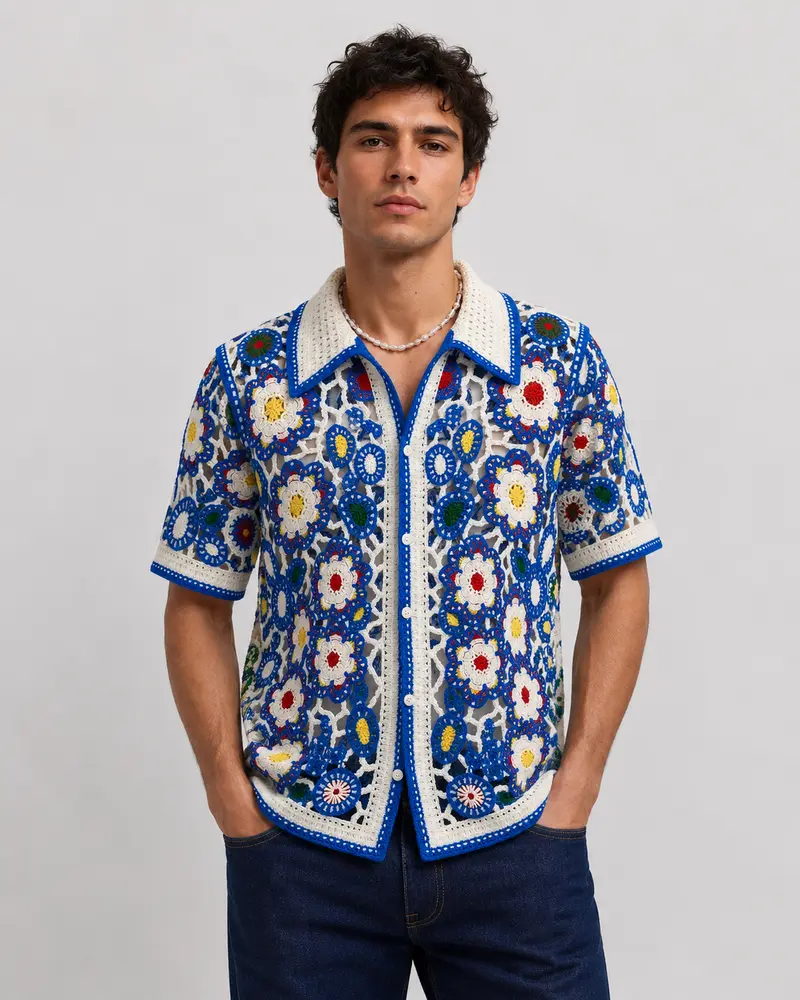 Chemise crochet floral bleu homme