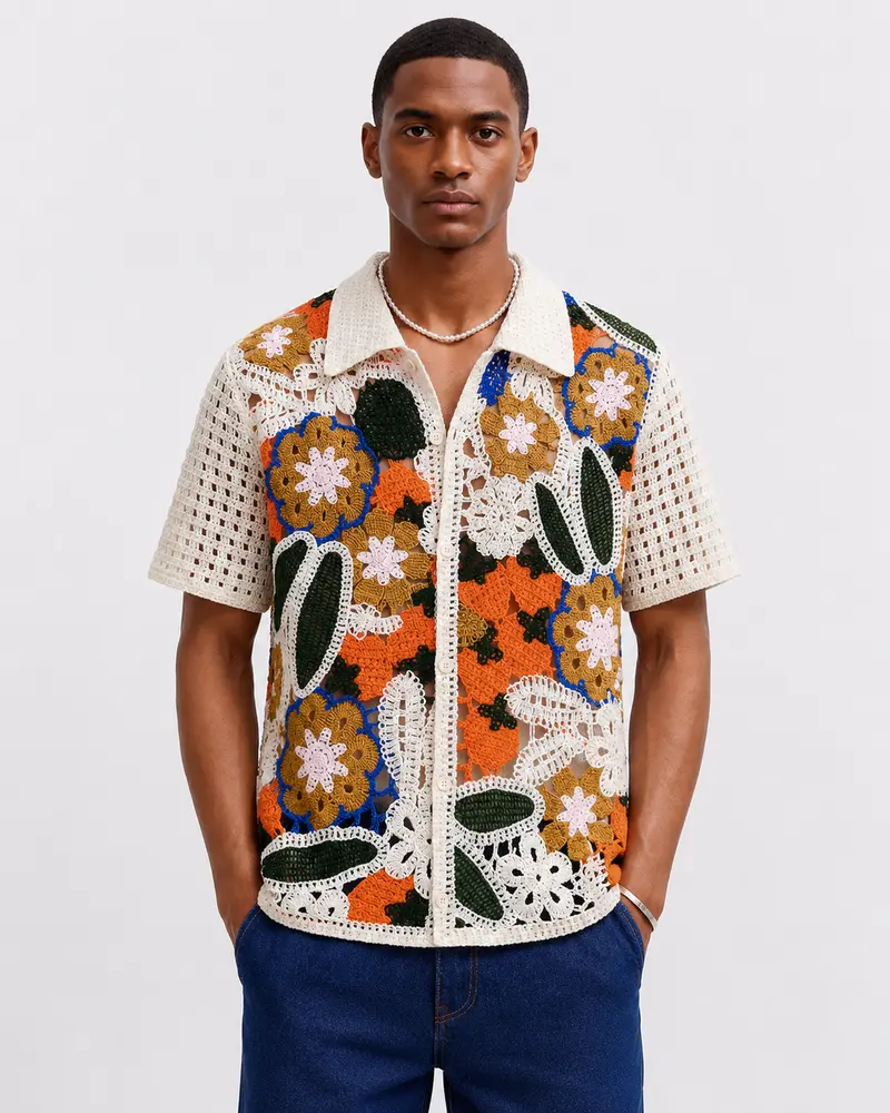 Chemise crochet floral multicolore homme