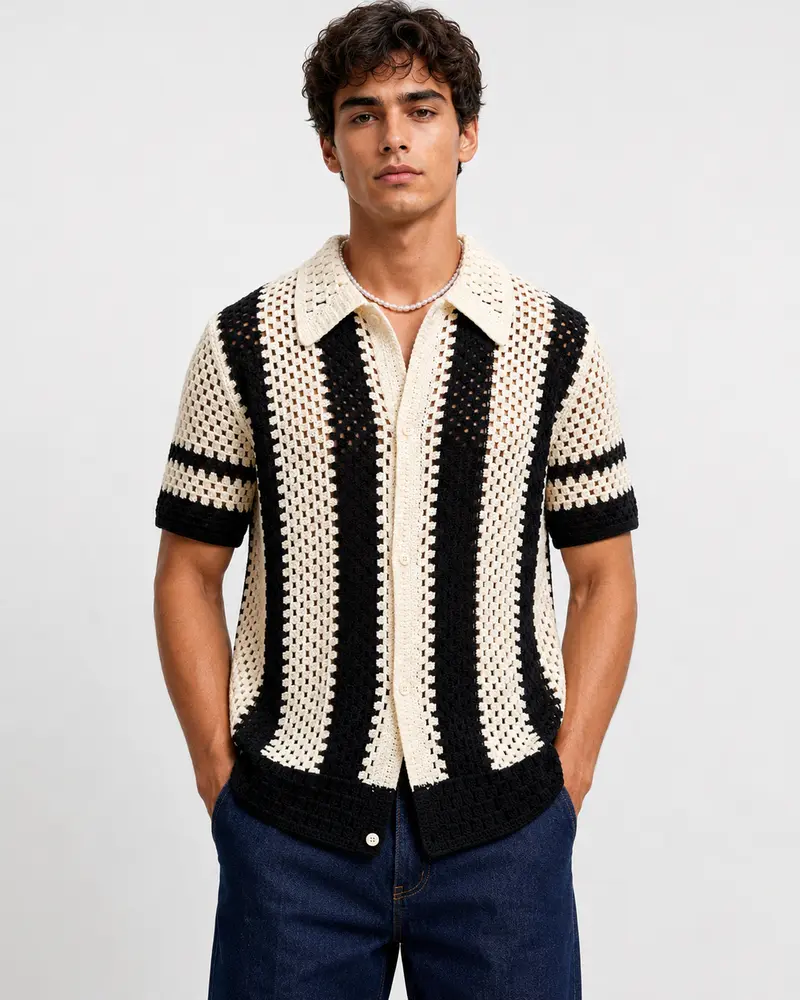 Chemise crochet rayée noir et beige homme