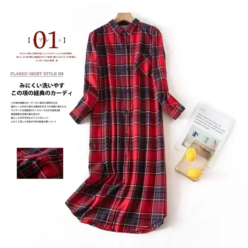 Chemise de nuit à manches longues pour femme, tenue de nuit à carreaux, multicolore, grande taille, Cardigan, nuisette pour dames