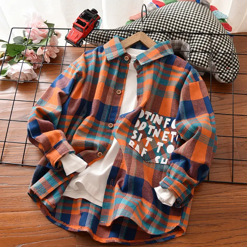 Chemise Enfant Manches Longues Col Revers Carreaux Imprimé Coton – Garçon 110–160 cm