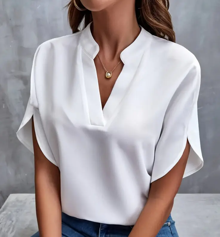 Chemise Femme Col V Manches Courtes – Couleur Unie Style Casual Européen | 8 Coloris S à XXL
