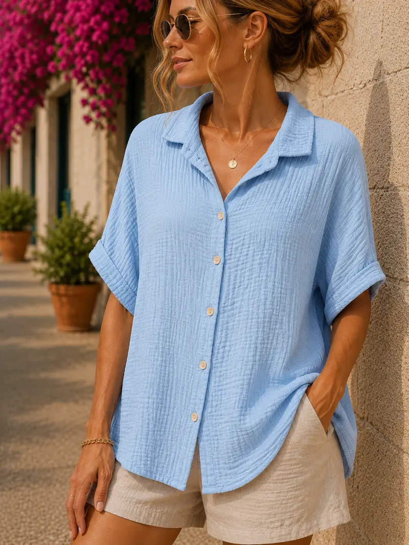 Chemise gaze de coton manches courtes bleu ciel