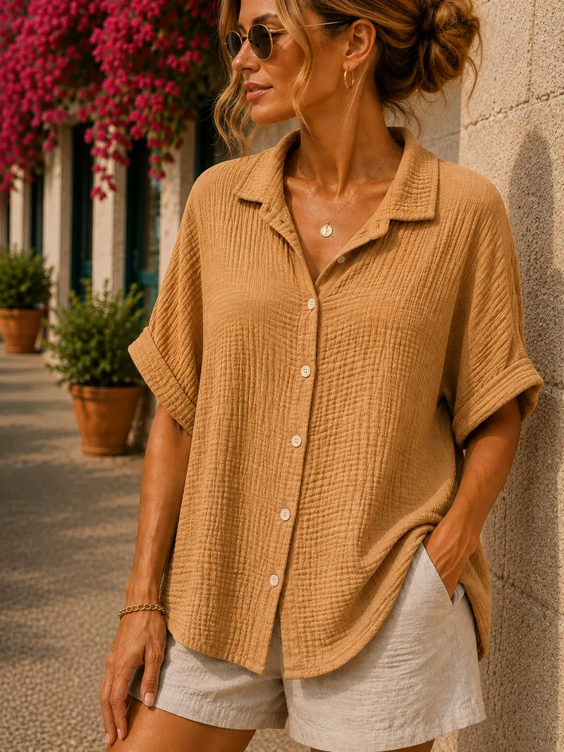 Chemise gaze de coton manches courtes camel