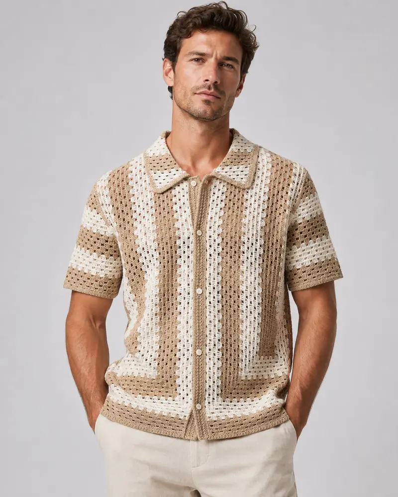 Chemise homme ajourée camel et écru