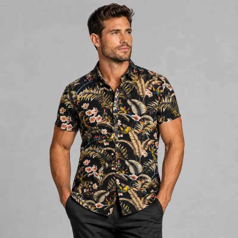 Chemise homme manches courtes imprimé tropical noir