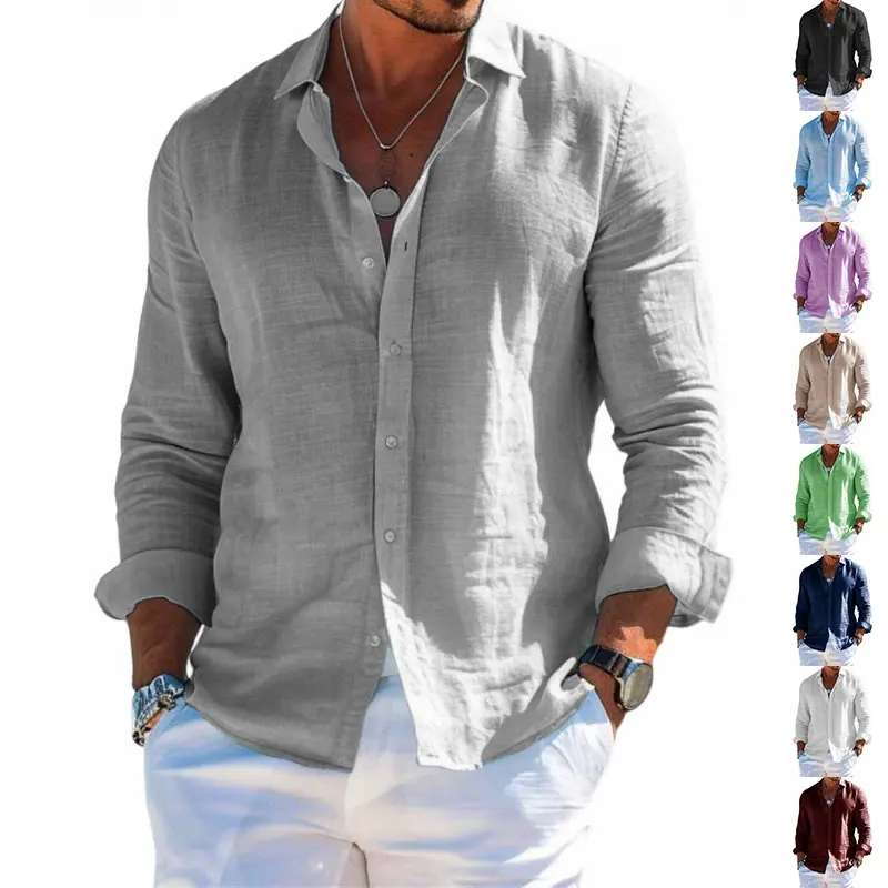 Chemise Homme Manches Longues Col Revers Boutons Coupe Loose Uni Grande Taille