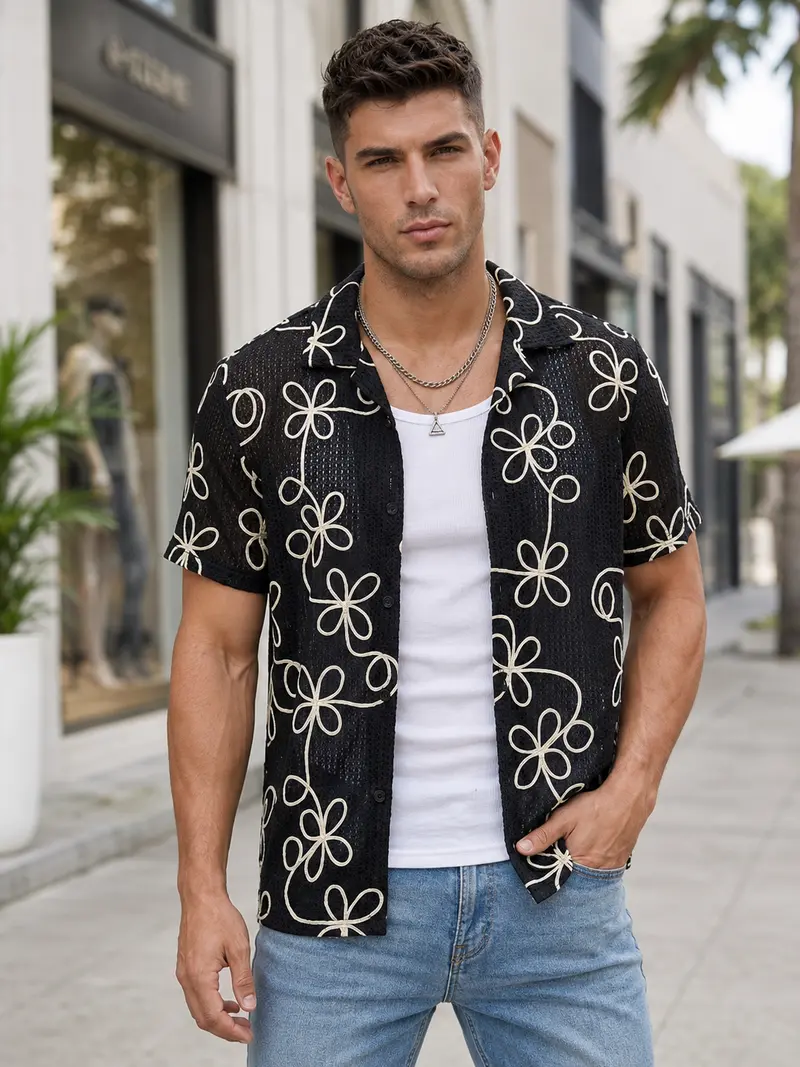 Chemise homme noire ajourée à broderies florales écrues