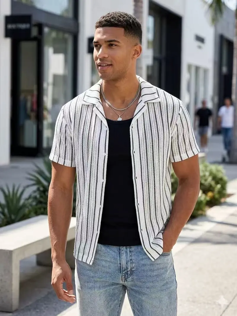 Chemise Homme Rayée Écru et Noir Manches Courtes