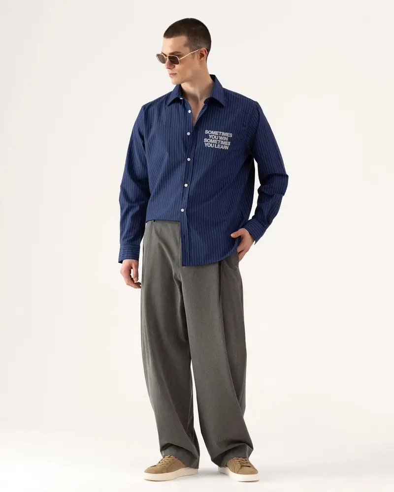 Chemise homme rayée marine manches longues broderie texte