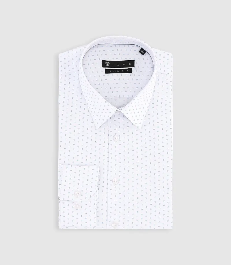 Chemise imprimée micro motifs blanche et bleu PAOLINO