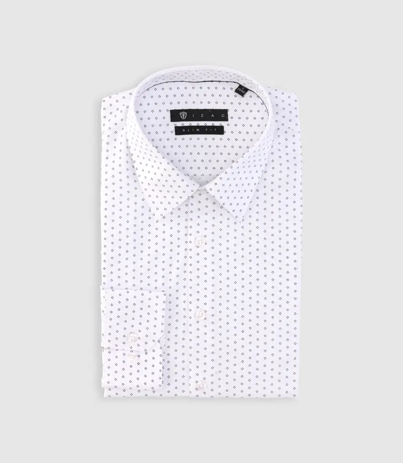 Chemise imprimée micro motifs blanche et marine PAOLINO