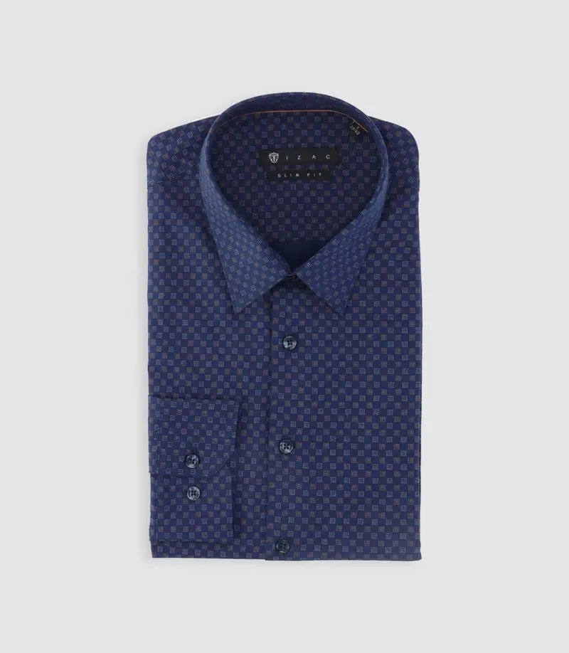 Chemise imprimée micro motifs marine et camel PAMPA