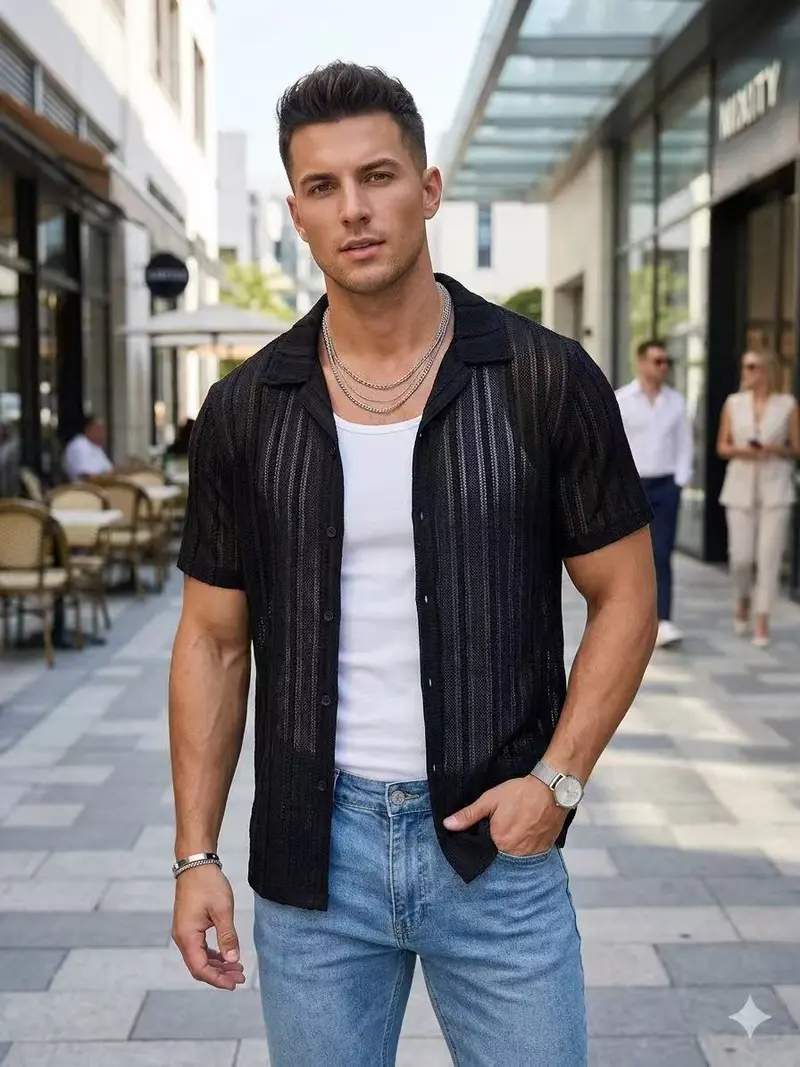 Chemise Manches Courtes Homme Noire Texturée à Rayures