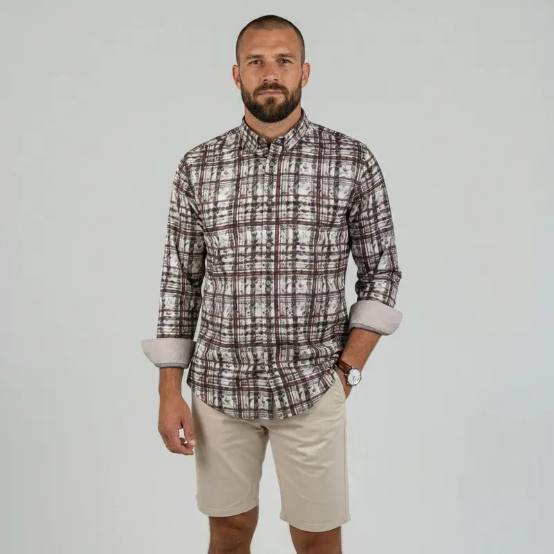 Chemise ml beige à carreaux fantaisie