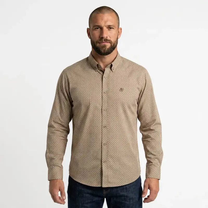 Chemise ml beige en popline motif géométrique