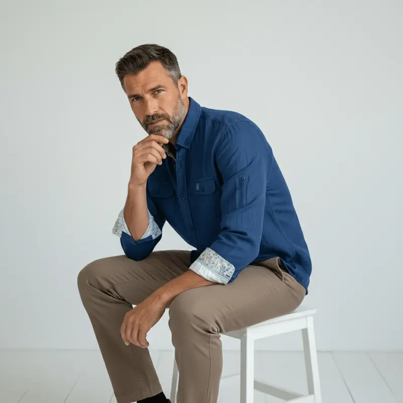 Chemise ml bleu indigo et sable