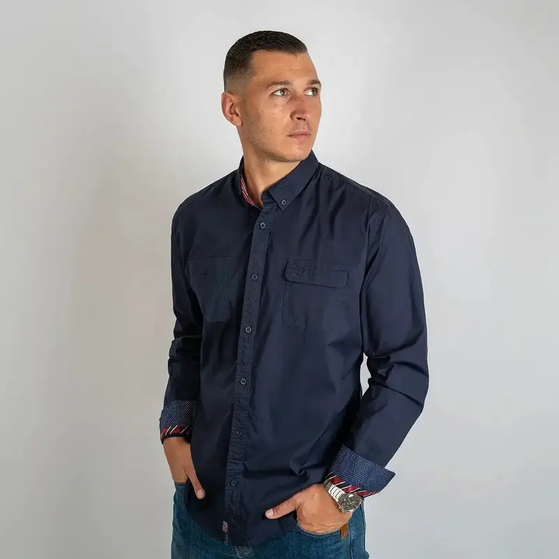 Chemise ml bleu marine en popline 2 poches poitrine