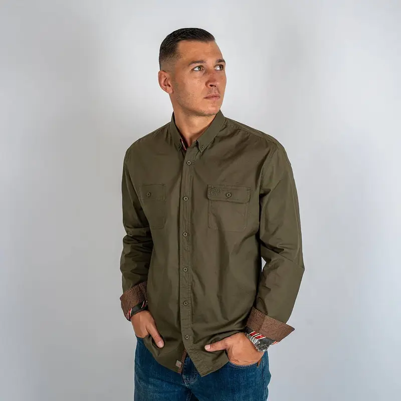 Chemise ml kaki en popline 2 poches poitrine