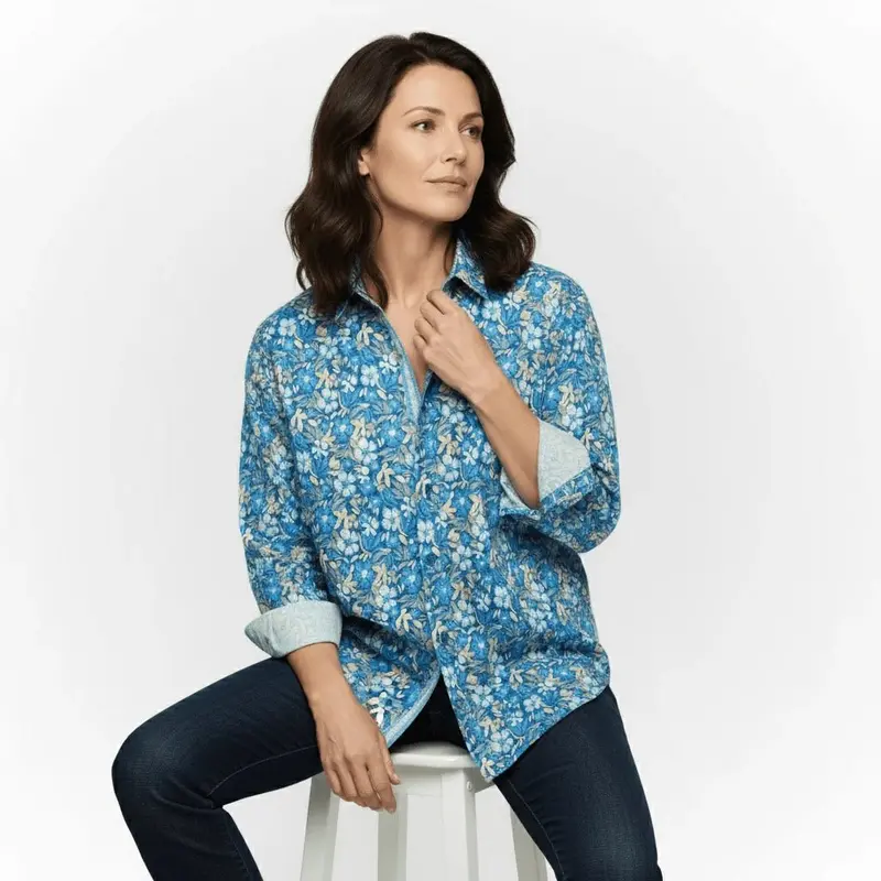 Chemise ml légère bleu moyen à motif floral (femme)