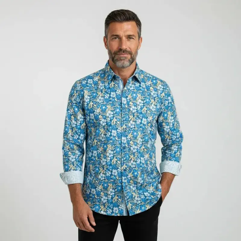 Chemise ml légère bleu moyen à motif floral