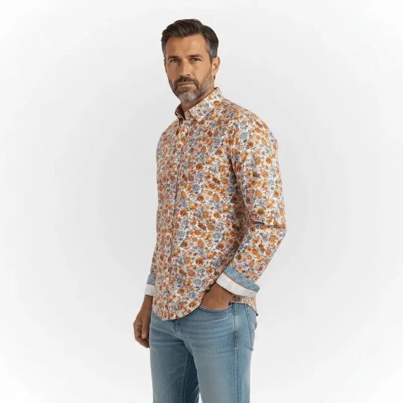 Chemise ml orange voile de coton motif floral