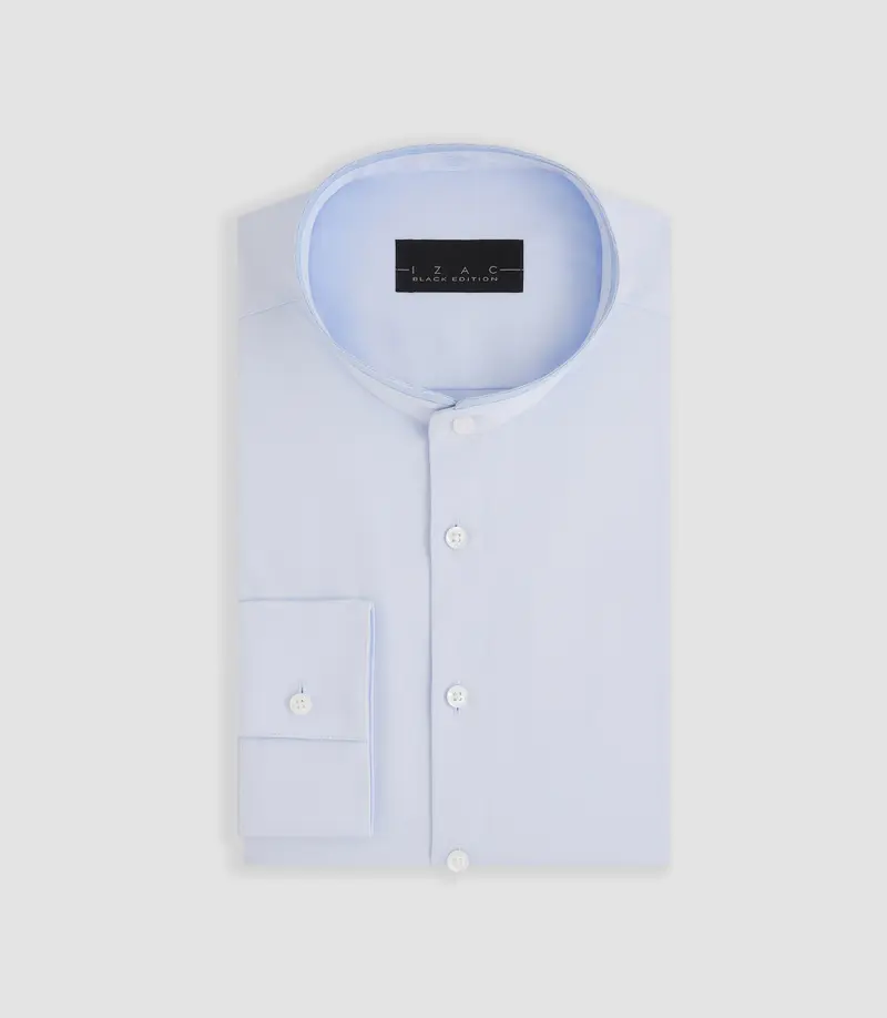 Chemise satin stretch col mao ciel "Marcel"