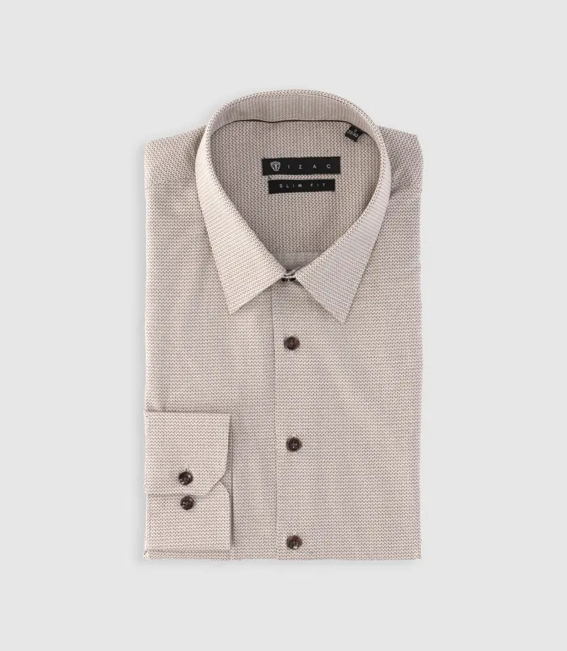 Chemise slim imprimée micro motifs beige et marron PRESTO