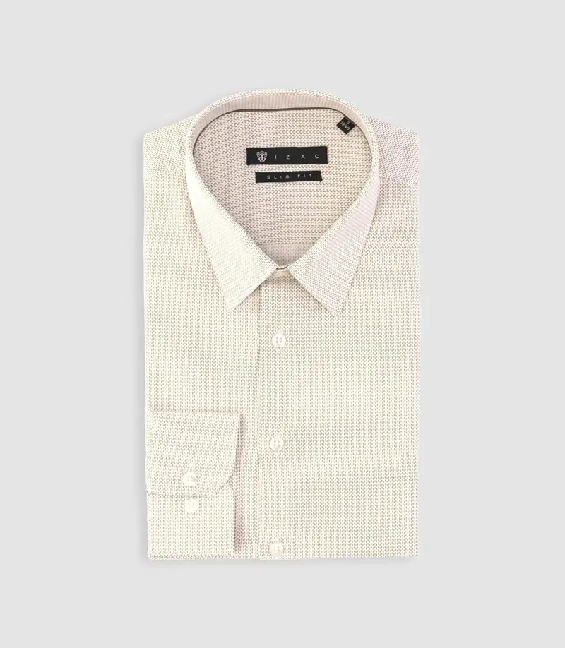 Chemise slim imprimée micro motifs blanche et beige PRESTO