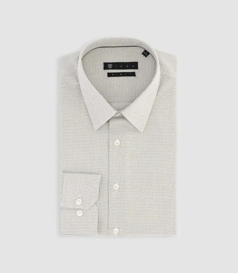Chemise slim imprimée micro motifs blanche et kaki PRESTO
